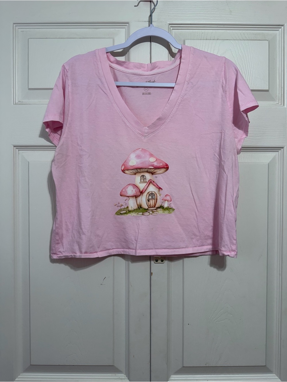 Upcycled Pink V-Neck Mushroom Graphic Tee